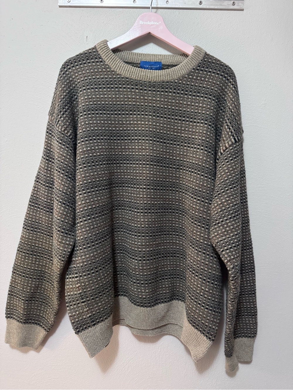 Towncraft Olive and Beige Textured Crewneck Sweater